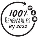 A circular graphic saying 100% Renewables by 2022, with icons of wind, water and sun on the perimeter of circular arrow.