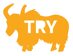 A yellow silhouette of the TRY yak logo