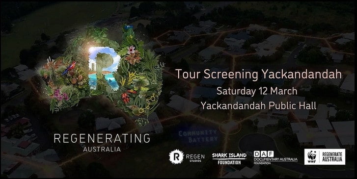 An ad for the film Regenerating Australia, Sat 12 March, showing a map of Australia filled with flourishing plants