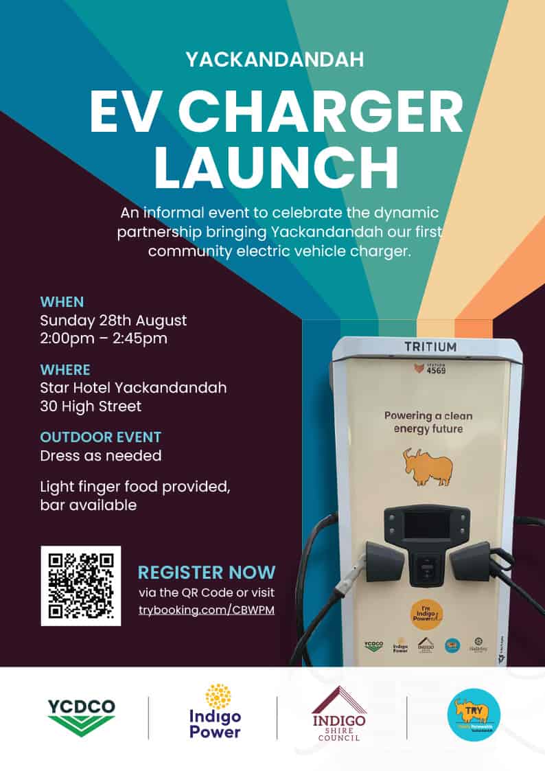 A colourful poster advertising the EV Charger launch with text details, a QR code, a photo of the EV Charger and a colourful striped background
